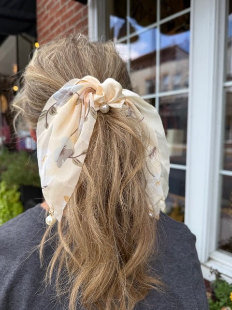 Floral Ribbon Hair Scrunchie – Cream with Pearls - Juli's Wearable Art