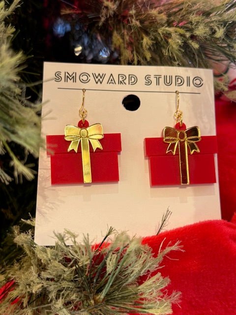 Gift Box Earrings with Mirrored Bow – Red, Pink, or Black - Juli's Wearable Art