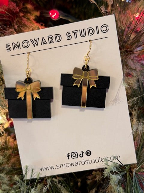 Gift Box Earrings with Mirrored Bow – Red, Pink, or Black - Juli's Wearable Art