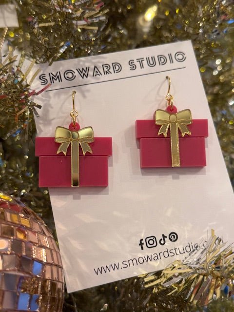 Gift Box Earrings with Mirrored Bow – Red, Pink, or Black - Juli's Wearable Art