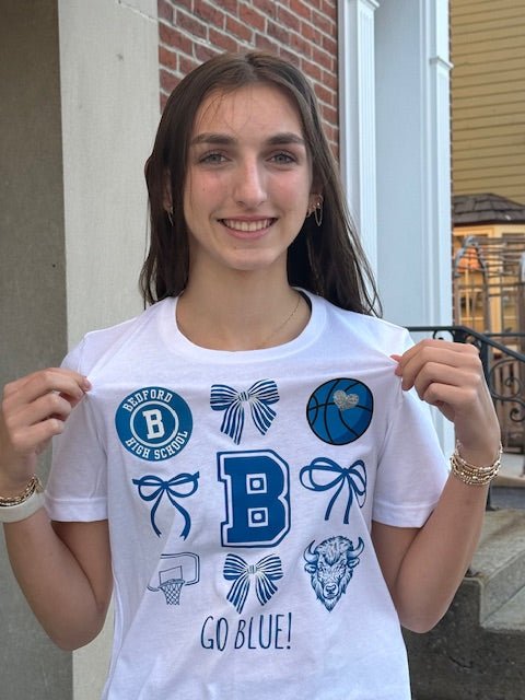 Go Blue! Bedford High School Basketball Cheer Ladies T-Shirt - Juli's Wearable Art