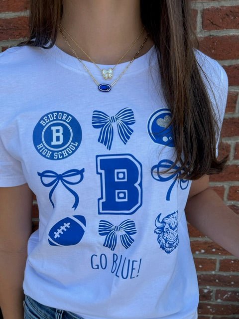 Go Blue! Bedford High School Ladies T-Shirt - Juli's Wearable Art