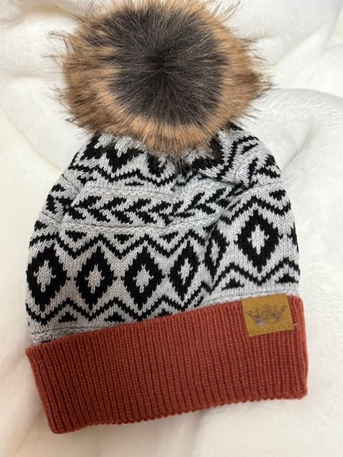 Gray, Black, and Rust Patterned Knit Pom Hat - Juli's Wearable Art