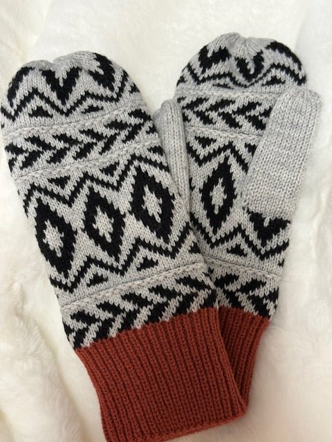 Gray, Black & Rust Patterned Mittens - Juli's Wearable Art