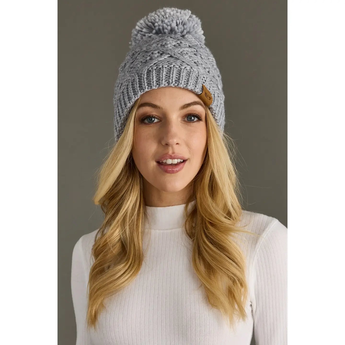 Gray Knit Hat with Yarn Pom - Juli's Wearable Art
