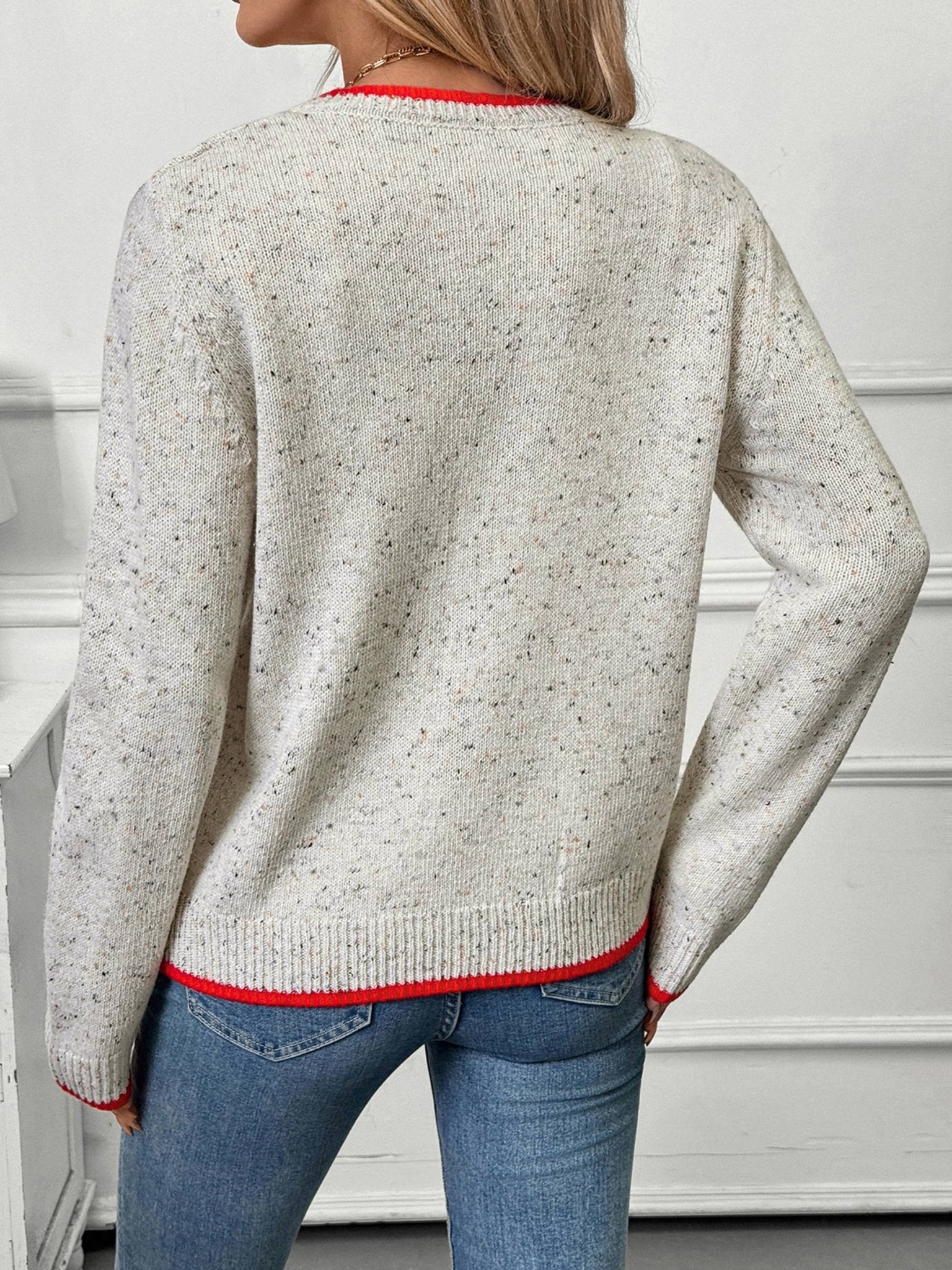 Gray Knitted Cardigan Sweater with Red Trim - Juli's Wearable Art