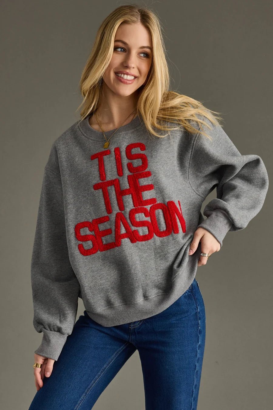 Gray “’Tis The Season” Oversized Holiday Sweatshirt - Juli's Wearable Art