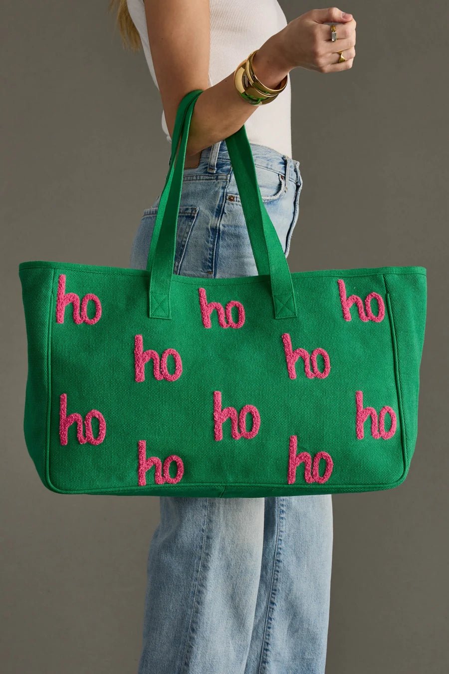 Green "Ho Ho Ho" Textured Tote Bag - Juli's Wearable Art