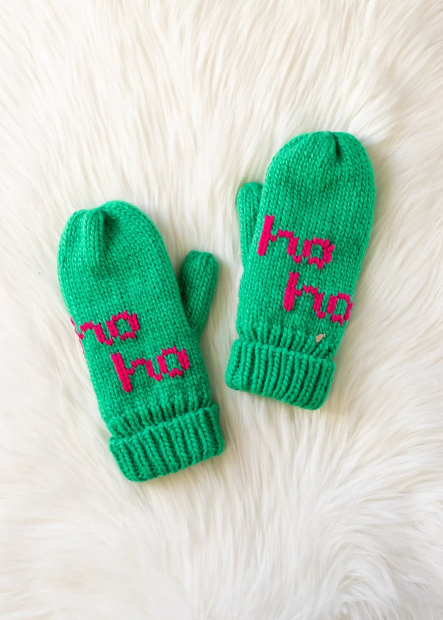 Green Knit Mittens – “Ho Ho Ho” Design - Juli's Wearable Art