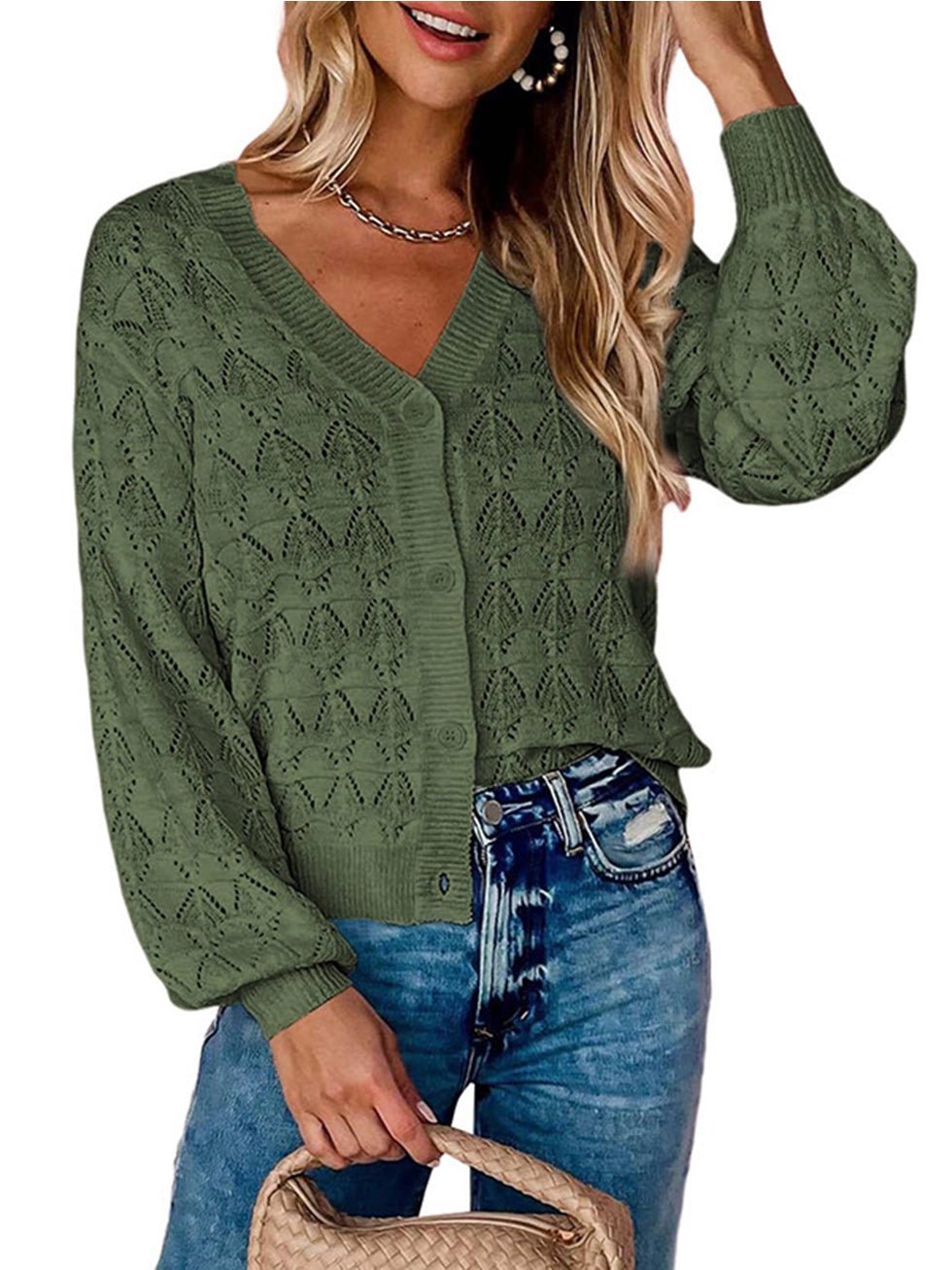 Green Knitted V - Neck Button - Up Sweater - Juli's Wearable Art