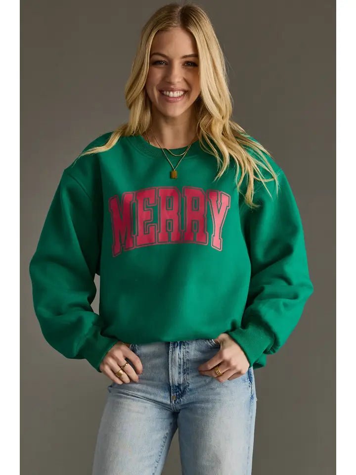 Green “Merry” Graphic Sweatshirt - Juli's Wearable Art