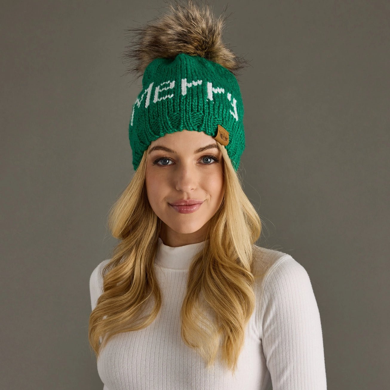 Green “Merry” Knit Pom Hat - Juli's Wearable Art