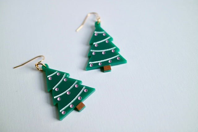 Green & Pink Painted Christmas Tree Earrings - Juli's Wearable Art