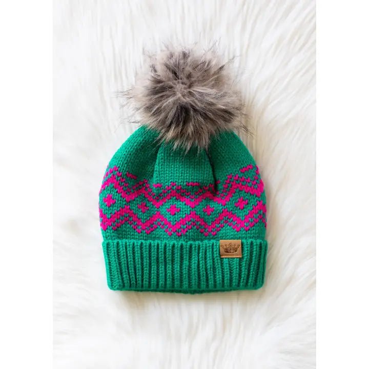 Green & Pink Patterned Pom Hat - Juli's Wearable Art