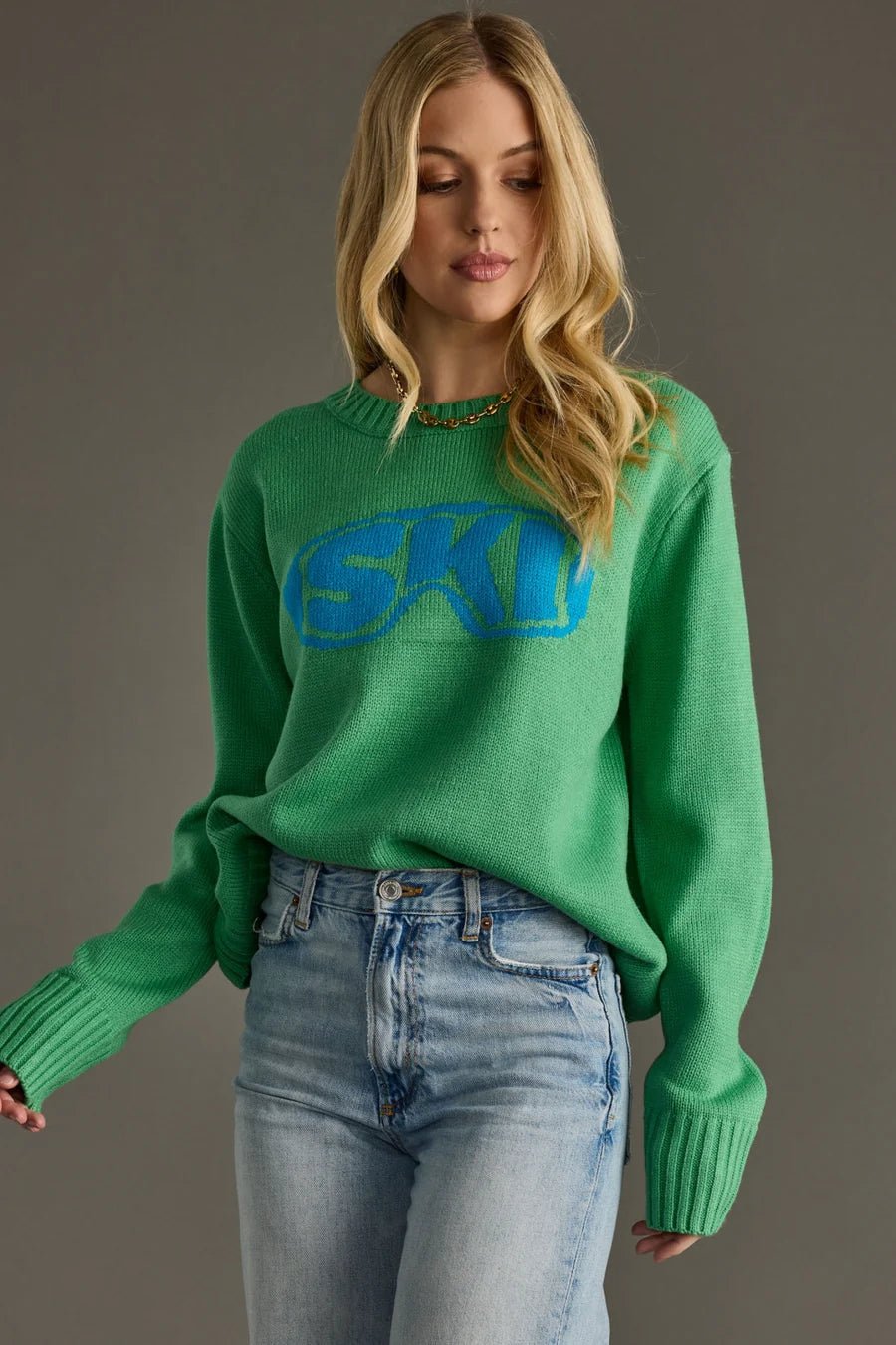 Green “Ski Goggle” Knit Sweater - Juli's Wearable Art
