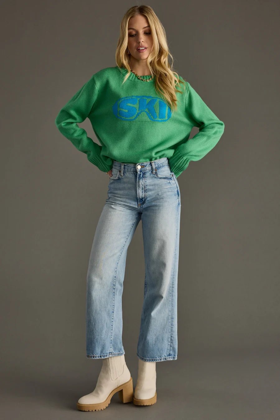 Green “Ski Goggle” Knit Sweater - Juli's Wearable Art