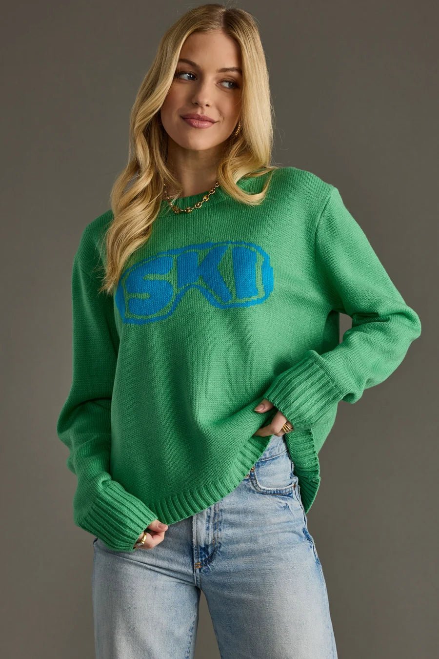 Green “Ski Goggle” Knit Sweater - Juli's Wearable Art