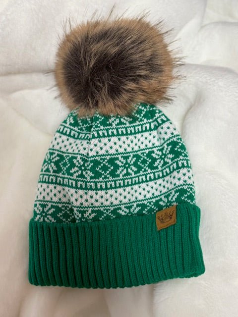 Green & White Knit Winter Pattern Pom Hat - Juli's Wearable Art