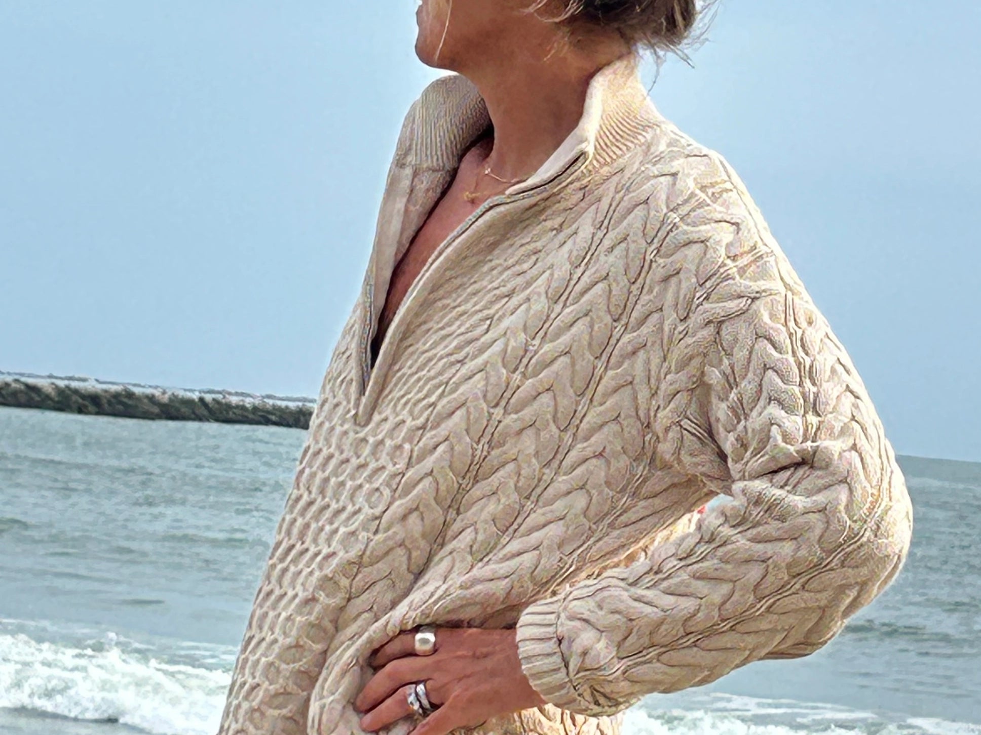 Half Zip Cable Knit American Flag Sweater | Tan - Juli's Wearable Art