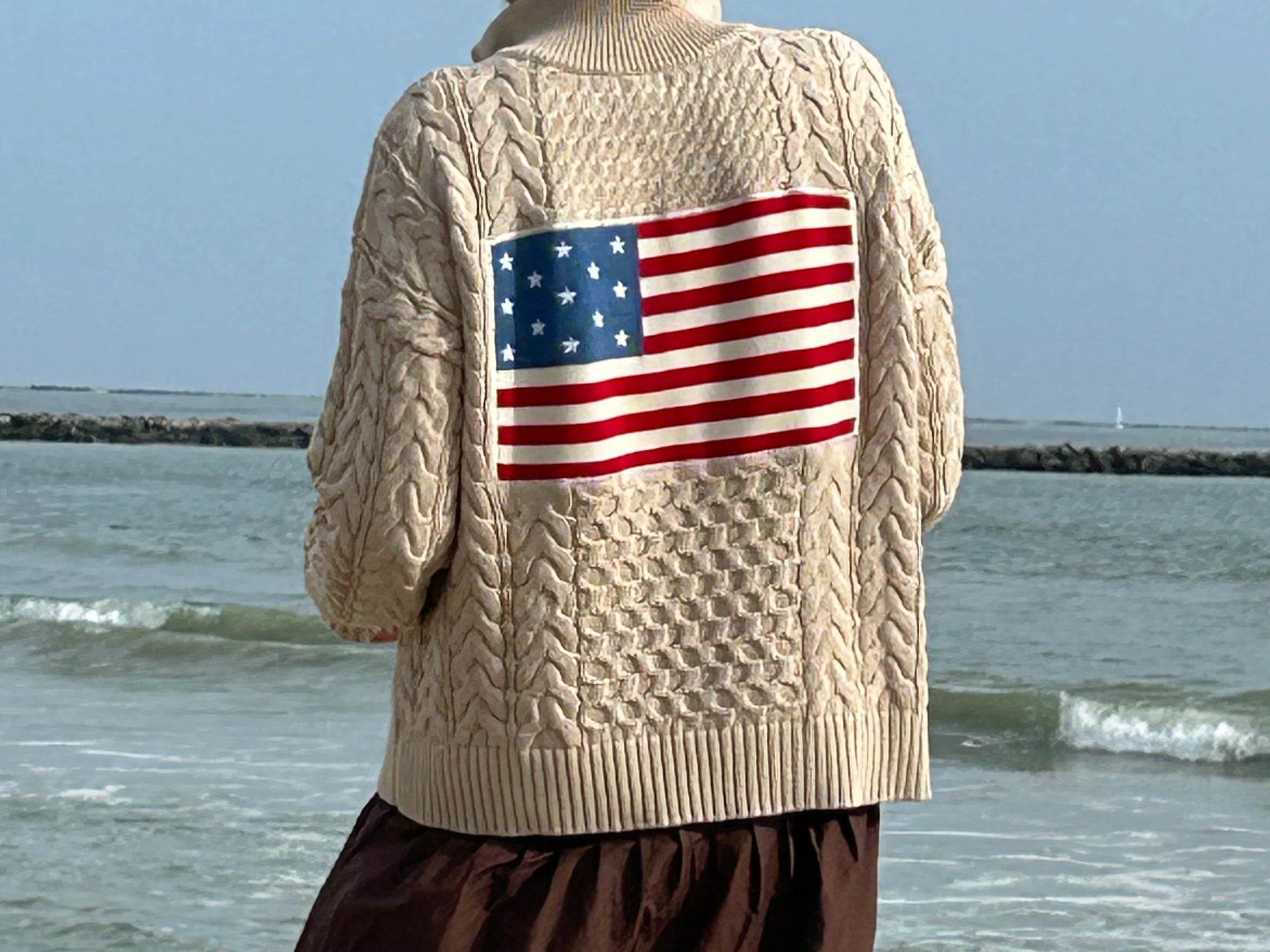 Half Zip Cable Knit American Flag Sweater | Tan - Juli's Wearable Art