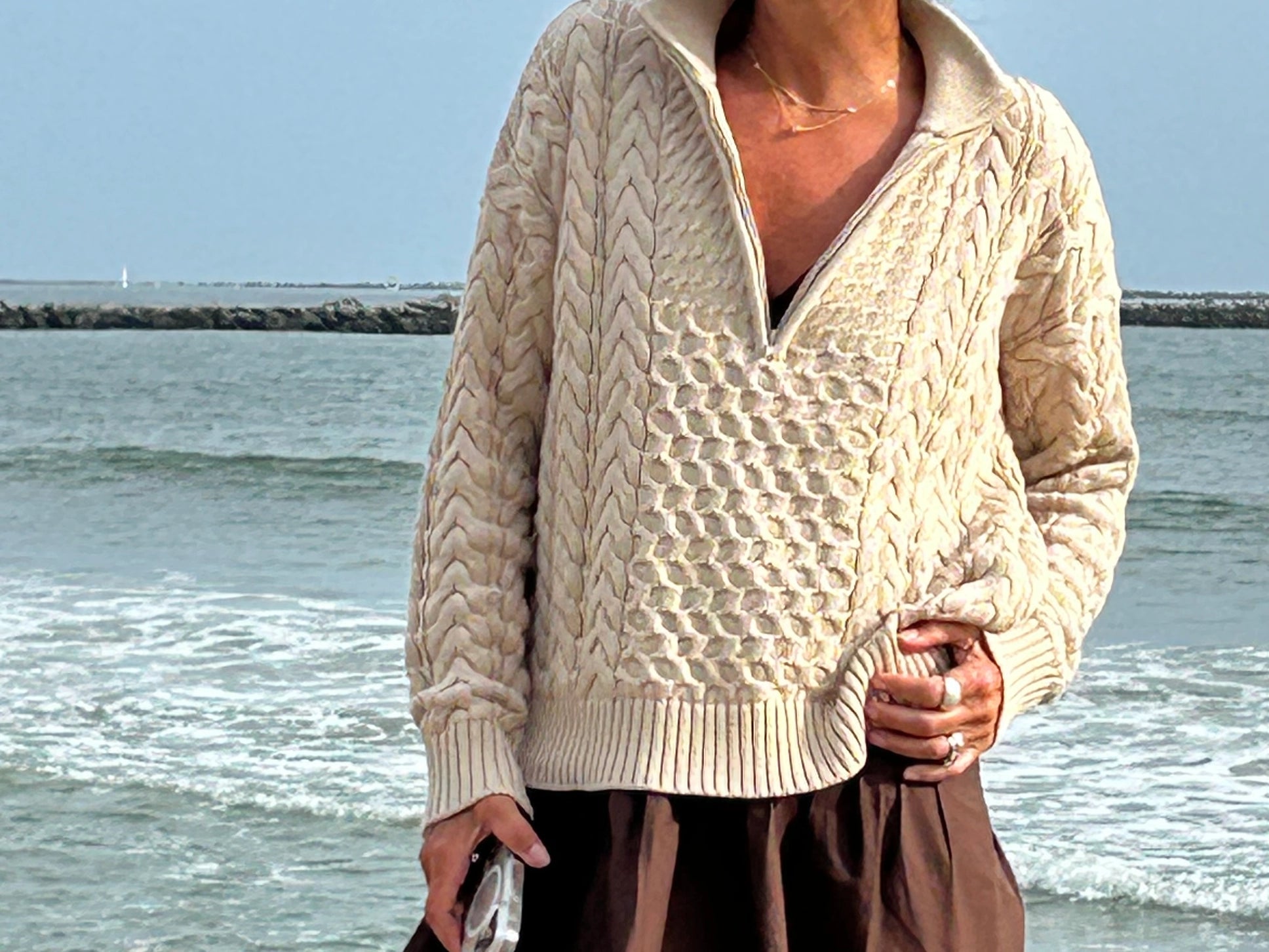 Half Zip Cable Knit American Flag Sweater | Tan - Juli's Wearable Art