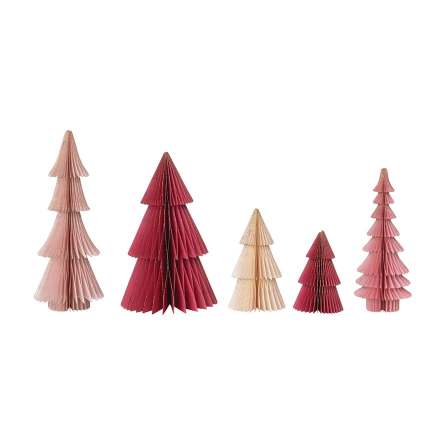 Handmade Folding Honeycomb Trees with Gold Glitter Edges, Set of 5 - Red,Pink, & Cream - Juli's Wearable Art