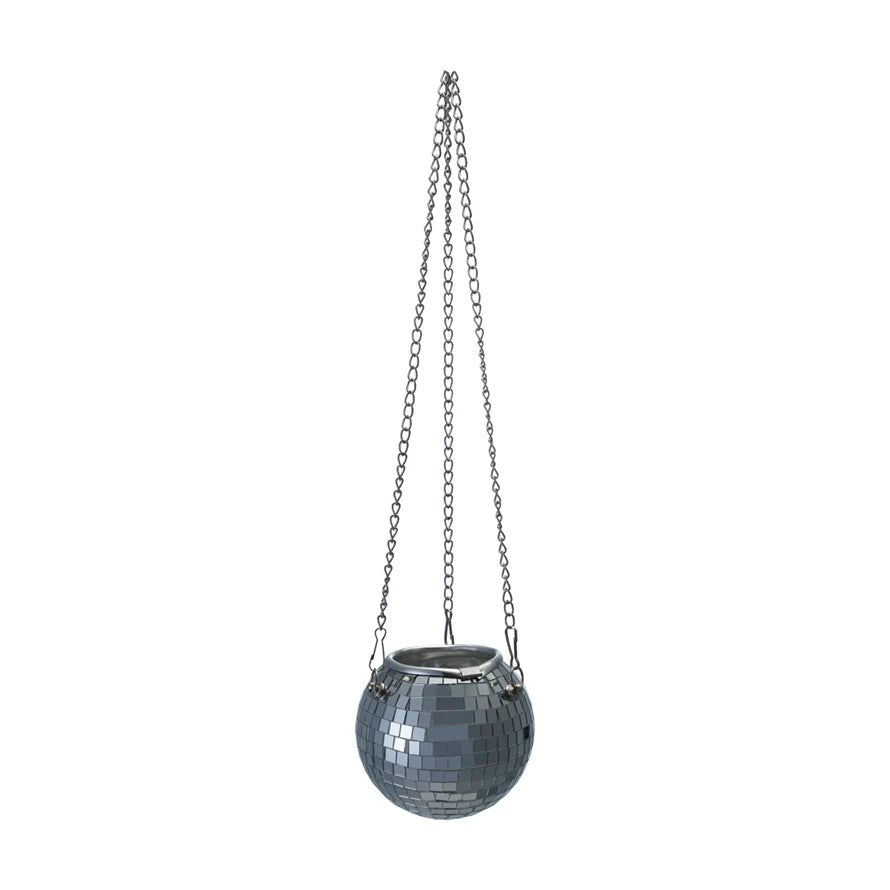 Hanging Mirrored Glass Mosaic Ball Planter – Silver Finish - Juli's Wearable Art