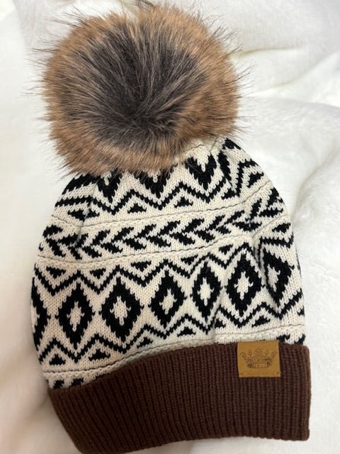 Ivory, Black, and Brown Patterned Knit Pom Hat - Juli's Wearable Art