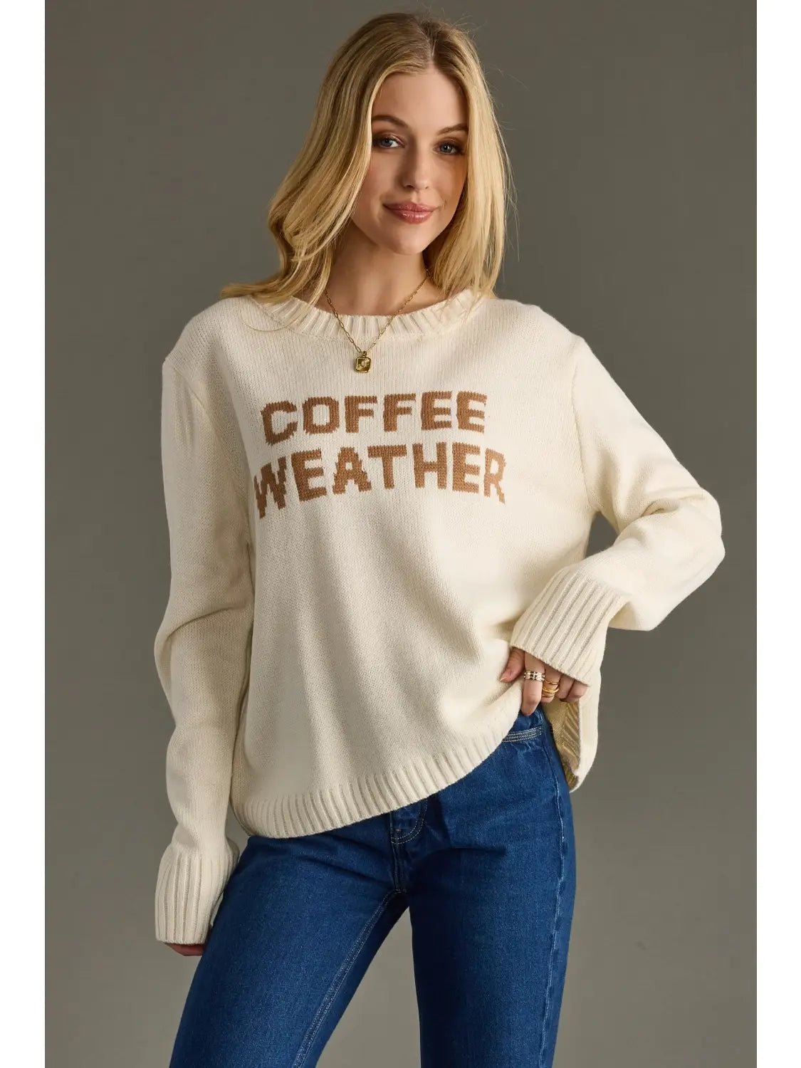 Ivory Knit “Coffee Weather” Sweater - Juli's Wearable Art