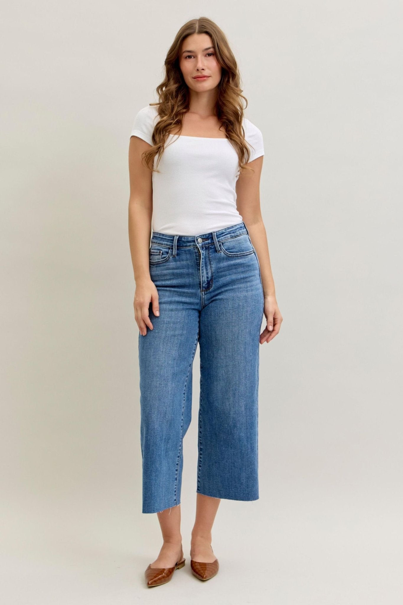 Judy Blue - High Waist Wide Crop Classic Raw Hem Jeans - Juli's Wearable Art