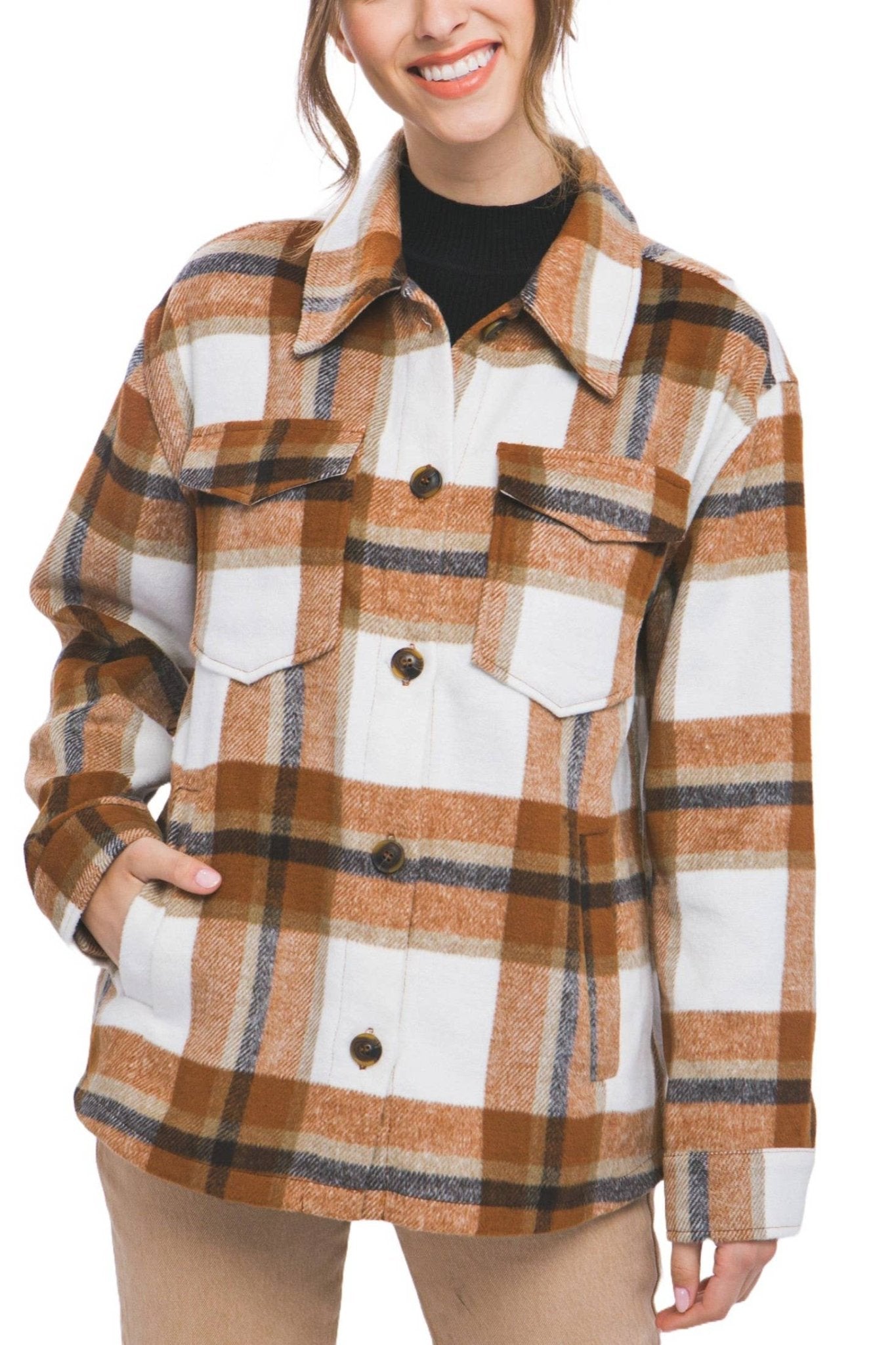 Junior Fit Wool Blend Plaid Button - Up Shacket – Clay - Juli's Wearable Art