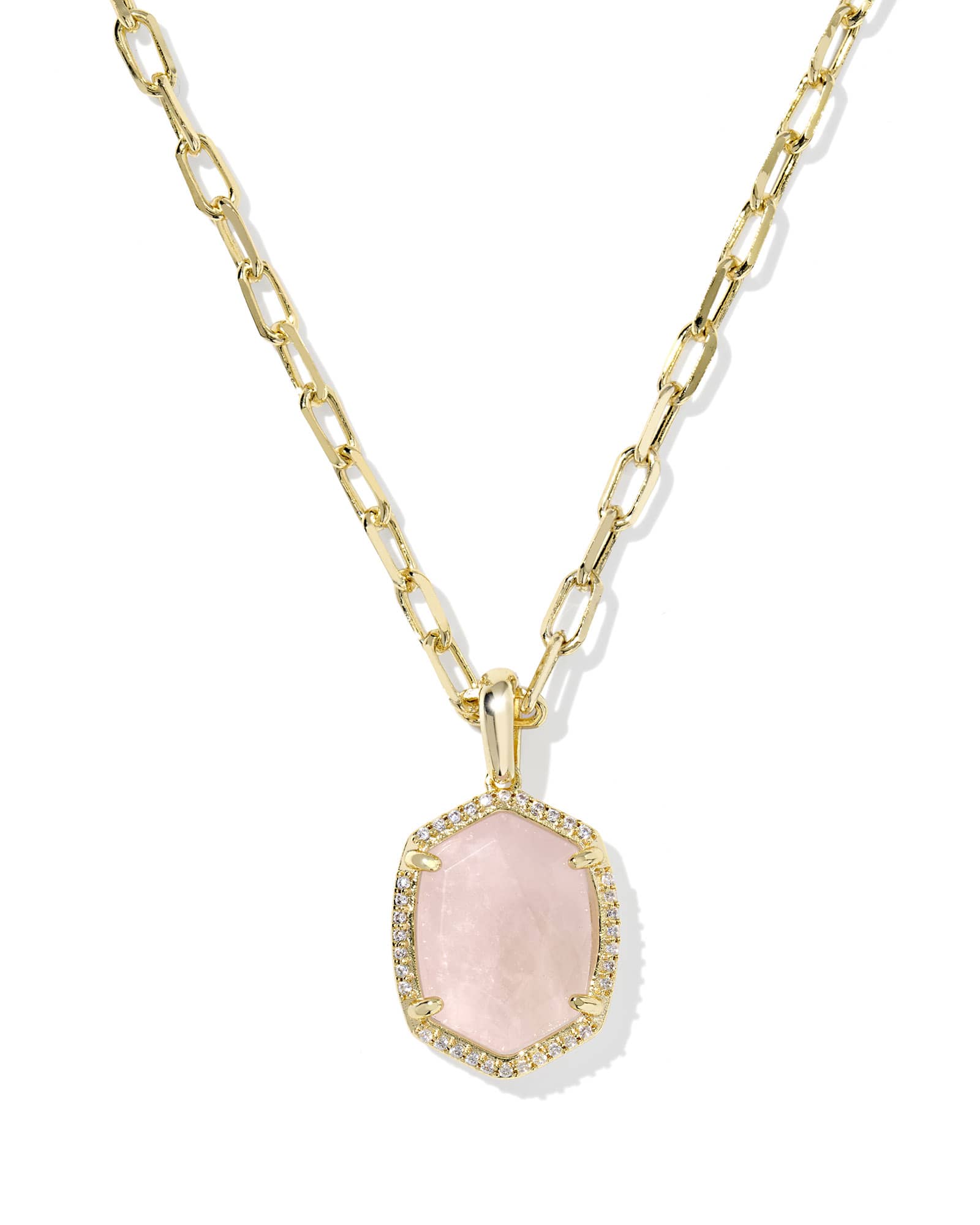 Kendra Scott Daphne Gold Pavé Frame Short Pendant Necklace in Rose Quartz - Juli's Wearable Art