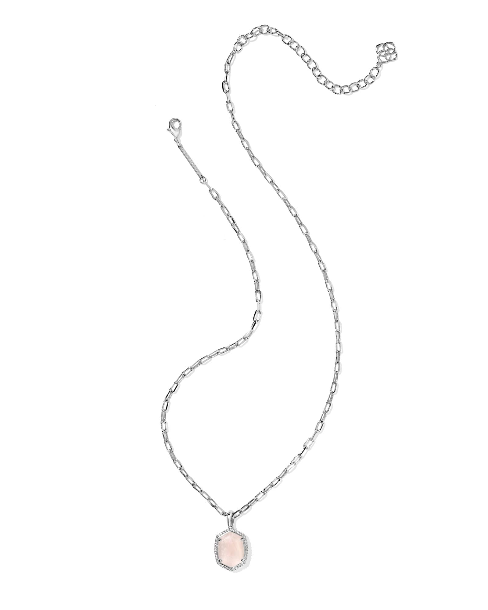 Kendra Scott Daphne Silver Pavé Frame Short Pendant Necklace in Rose Quartz - Juli's Wearable Art