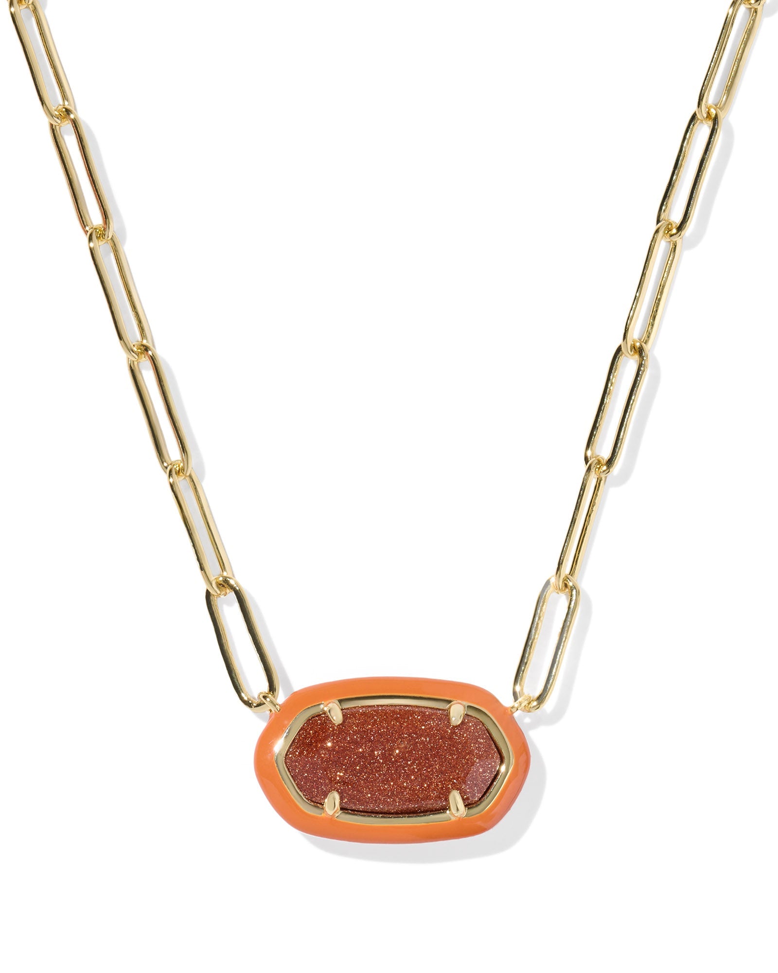 Kendra Scott Elisa Enamel Frame Paperclip Necklace - Gold & Orange Goldstone - Juli's Wearable Art