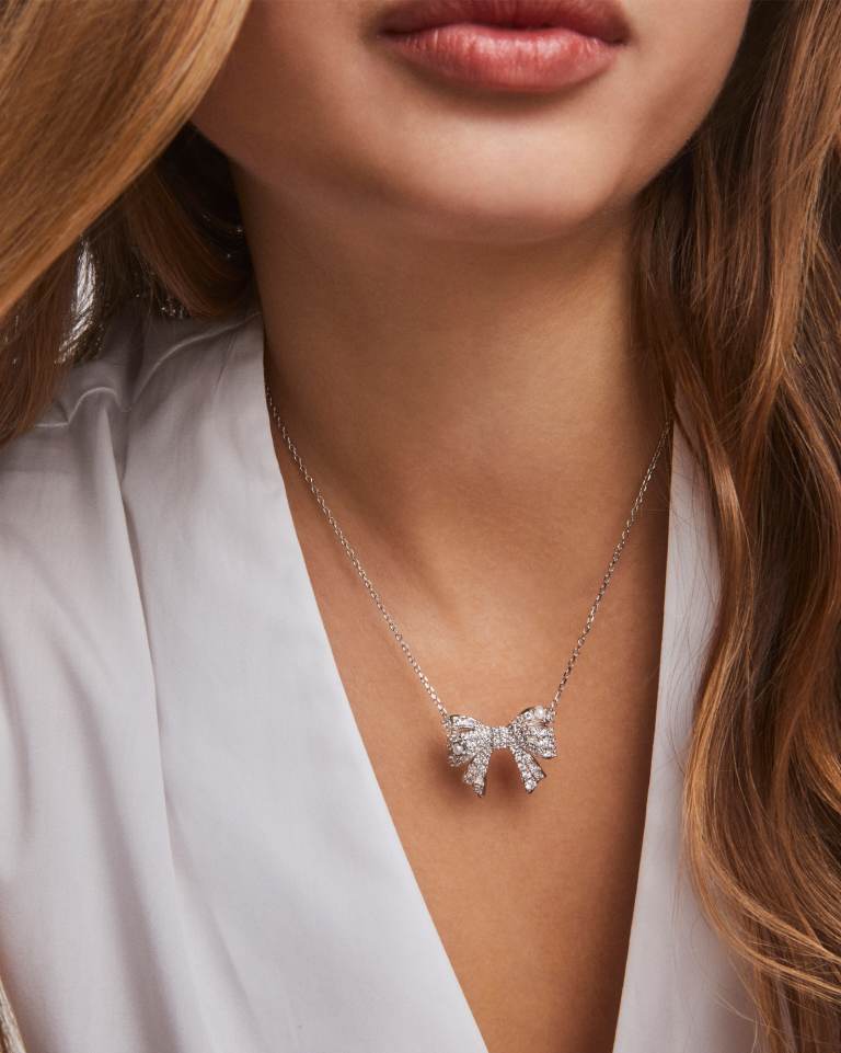 Kendra Scott Krista Silver Bow Pendant Necklace | White Mix Crystals & Freshwater Pearls - Juli's Wearable Art