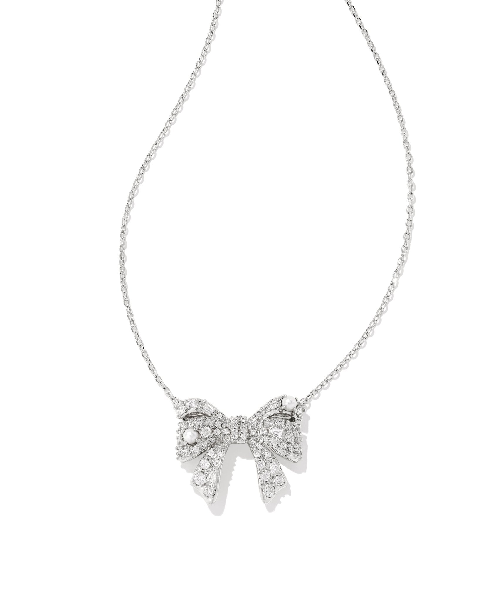 Kendra Scott Krista Silver Bow Pendant Necklace – White Mix Crystals & Freshwater Pearls - Juli's Wearable Art