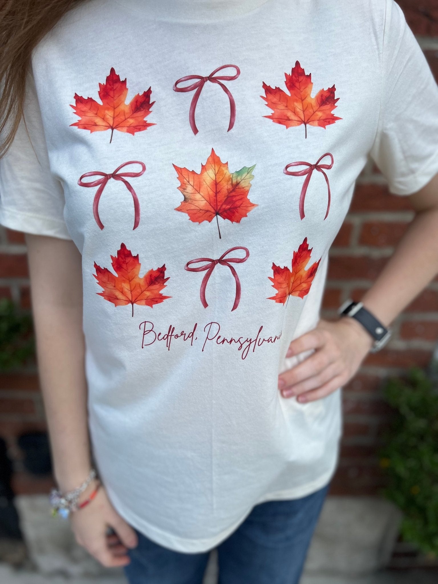 Ladies Crew Neck Tee – Fall Leaves & Bows (Bedford, PA) - Juli's Wearable Art
