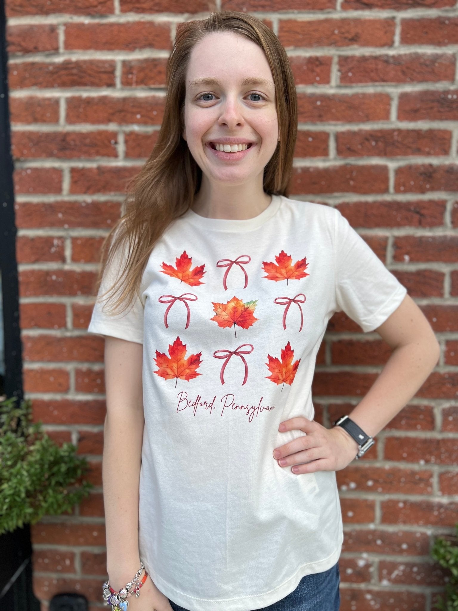 Ladies Crew Neck Tee – Fall Leaves & Bows (Bedford, PA) - Juli's Wearable Art