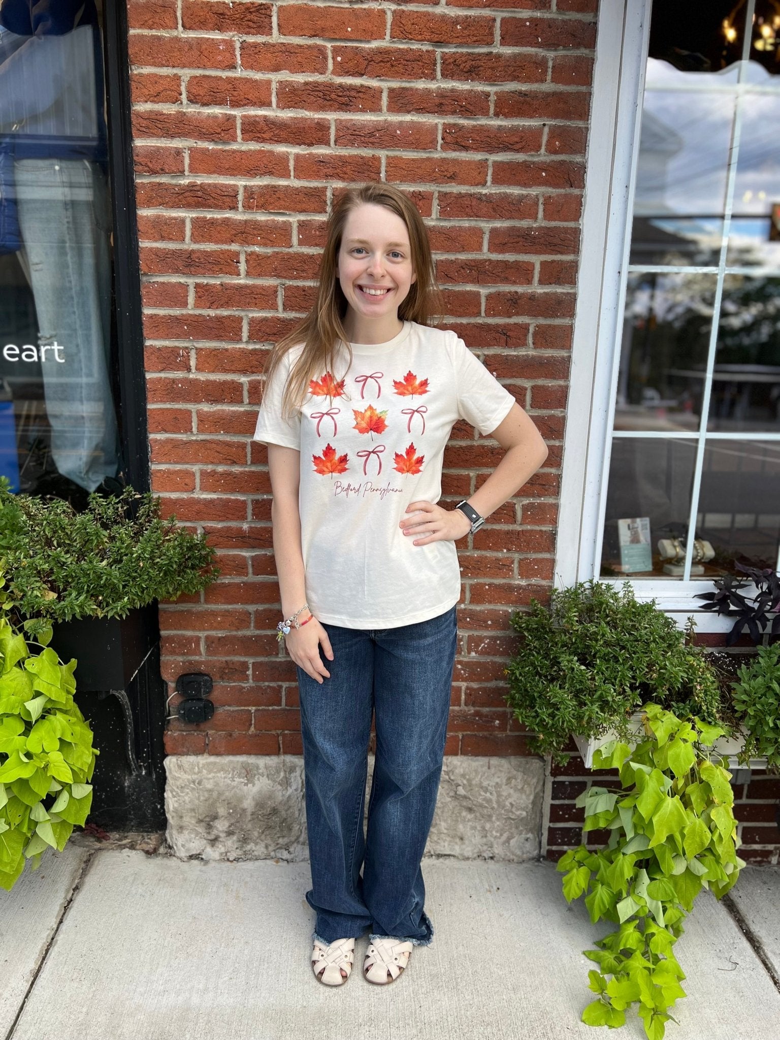 Ladies Crew Neck Tee – Fall Leaves & Bows (Bedford, PA) - Juli's Wearable Art