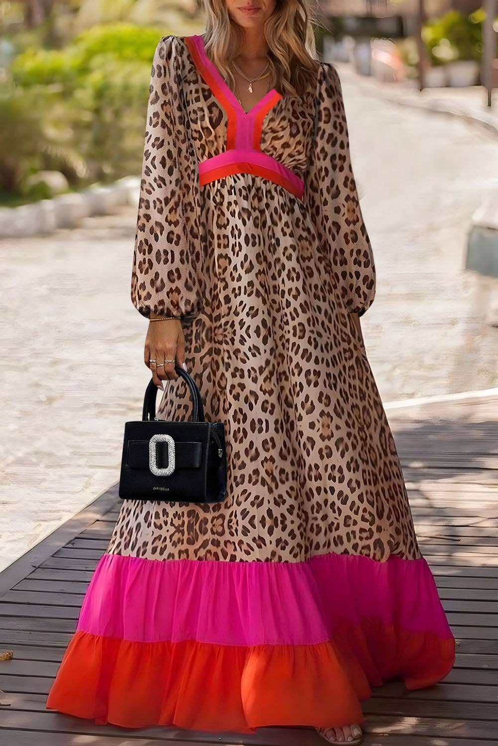 Leopard Colorblock Long Sleeve Maxi Dress - Juli's Wearable Art