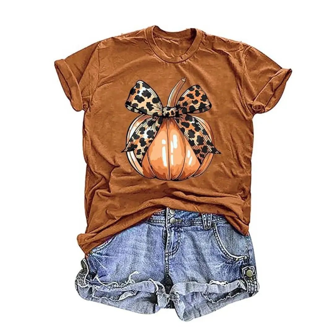 Leopard Print Bow Pumpkin Print T-Shirt - Juli's Wearable Art