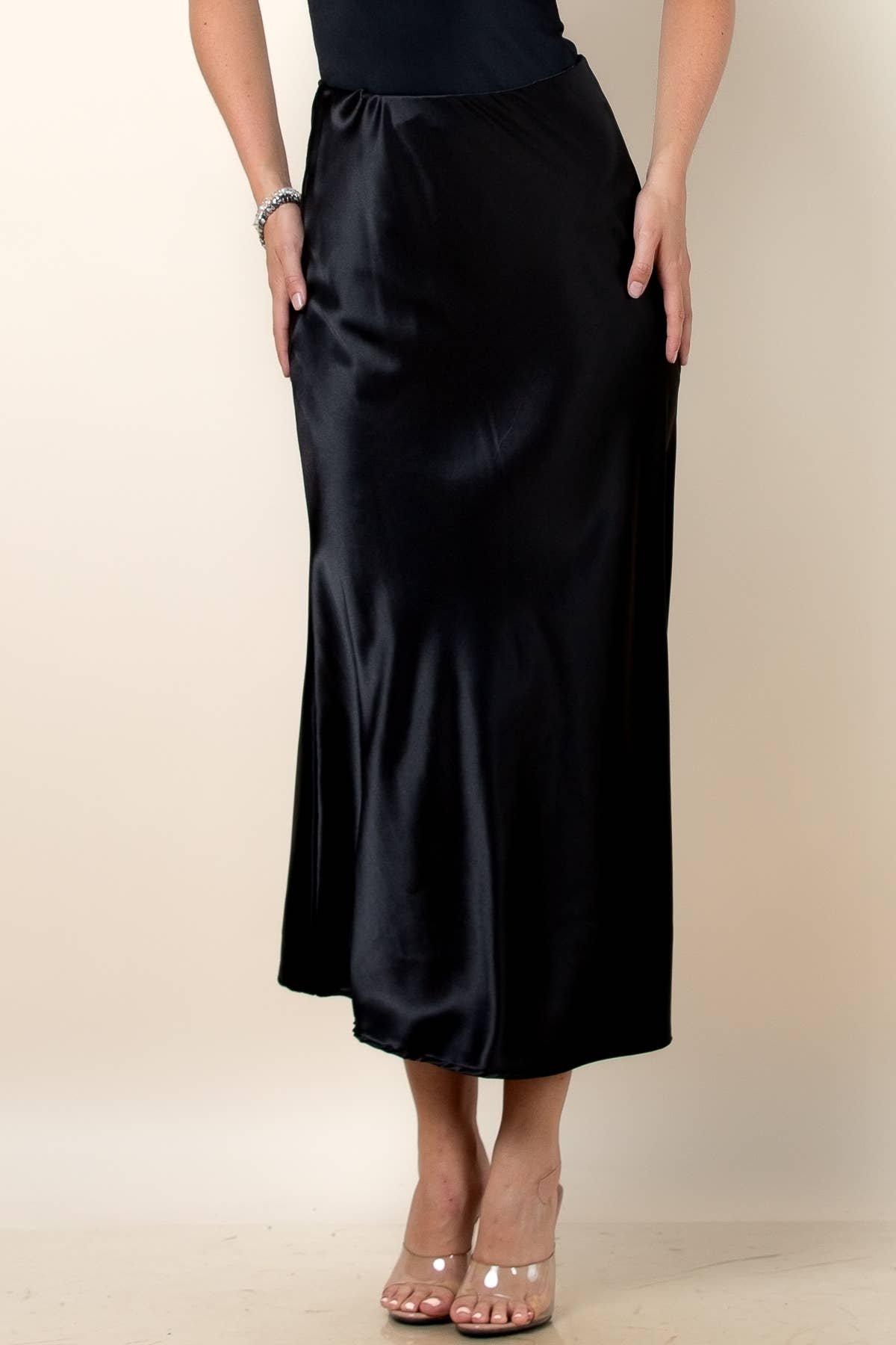Lidia Solid Satin A - Line Midi Skirt – Black - Juli's Wearable Art