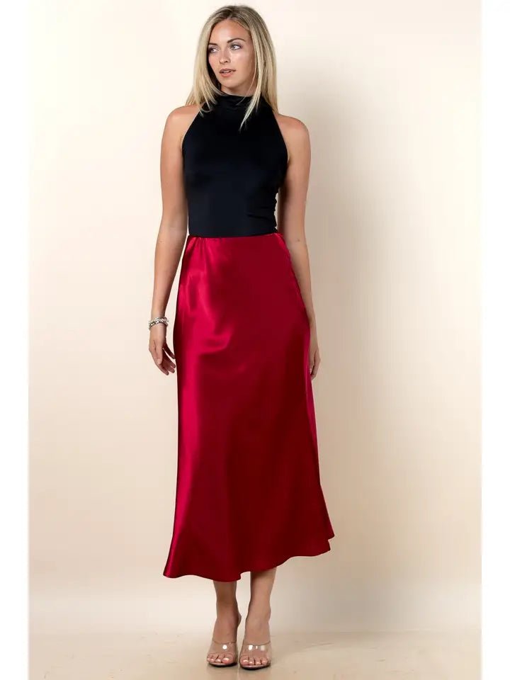 Lidia Solid Satin A - Line Midi Skirt – Red - Juli's Wearable Art