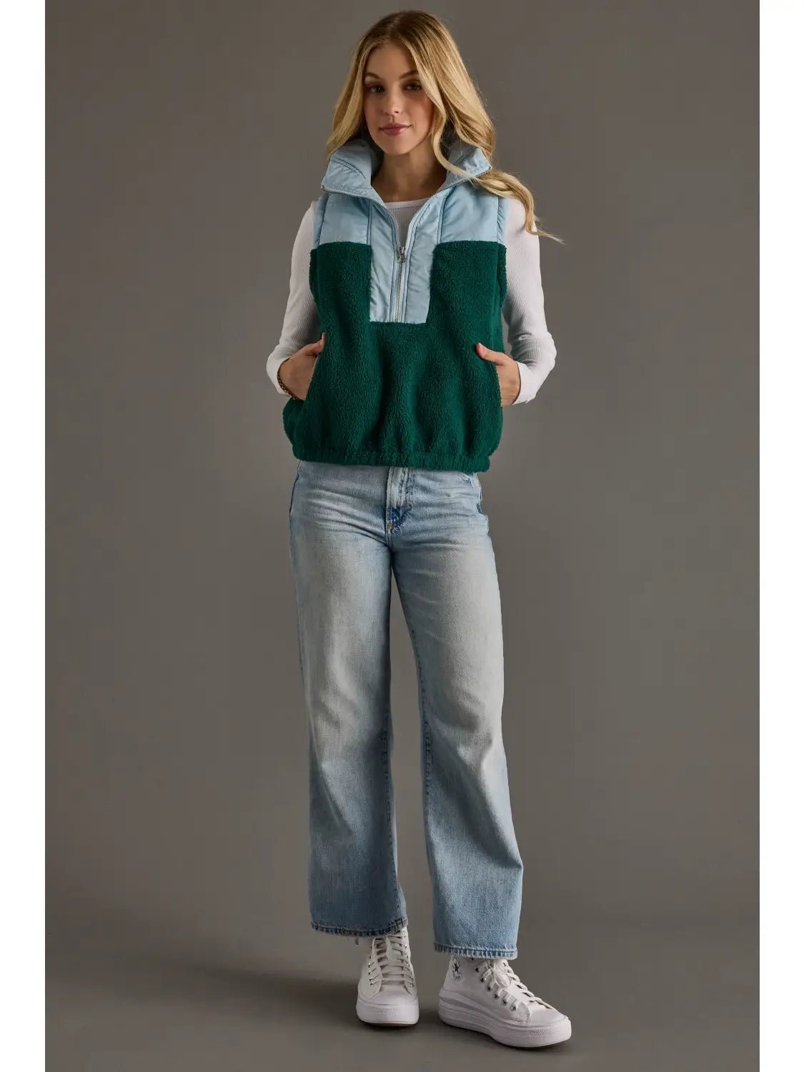 Light Blue & Green Vest Colorblock Sherpa Vest - Juli's Wearable Art