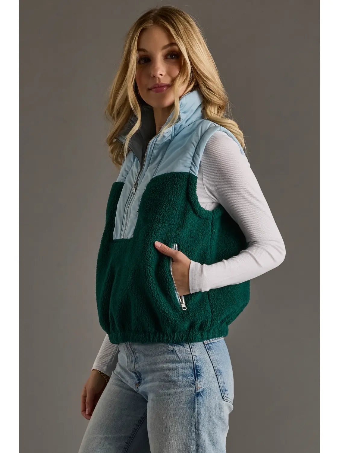 Light Blue & Green Vest Colorblock Sherpa Vest - Juli's Wearable Art