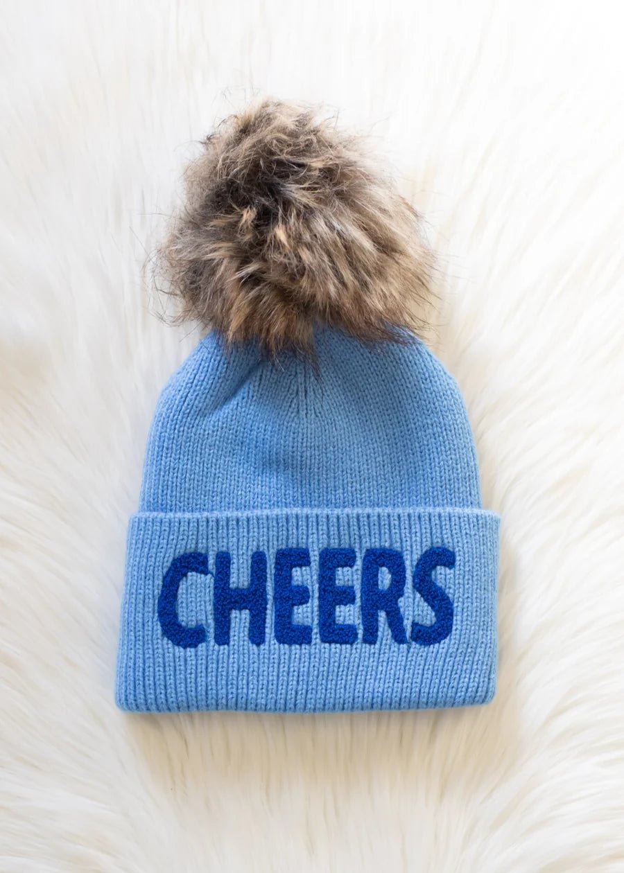 Light Blue Knit Pom Hat – “CHEERS” Cuff Design - Juli's Wearable Art
