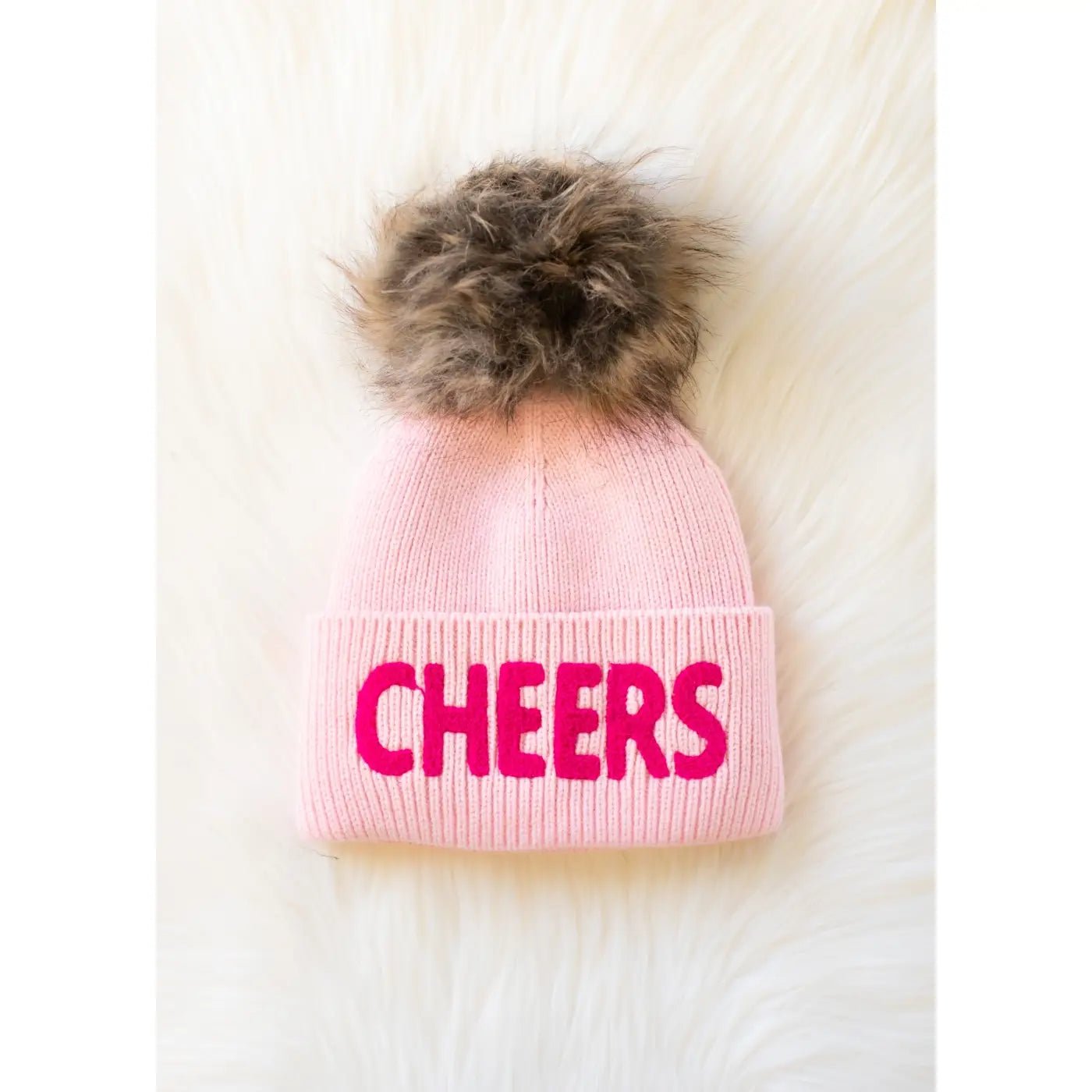 Light Pink “CHEERS” Knit Pom Hat - Juli's Wearable Art