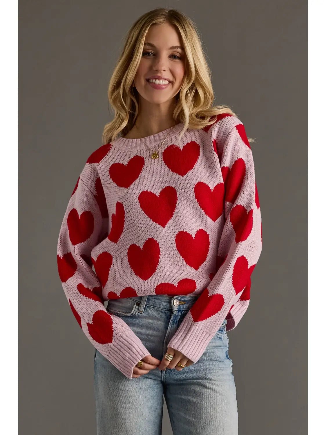 Light Pink & Red Heart Sweater - Juli's Wearable Art