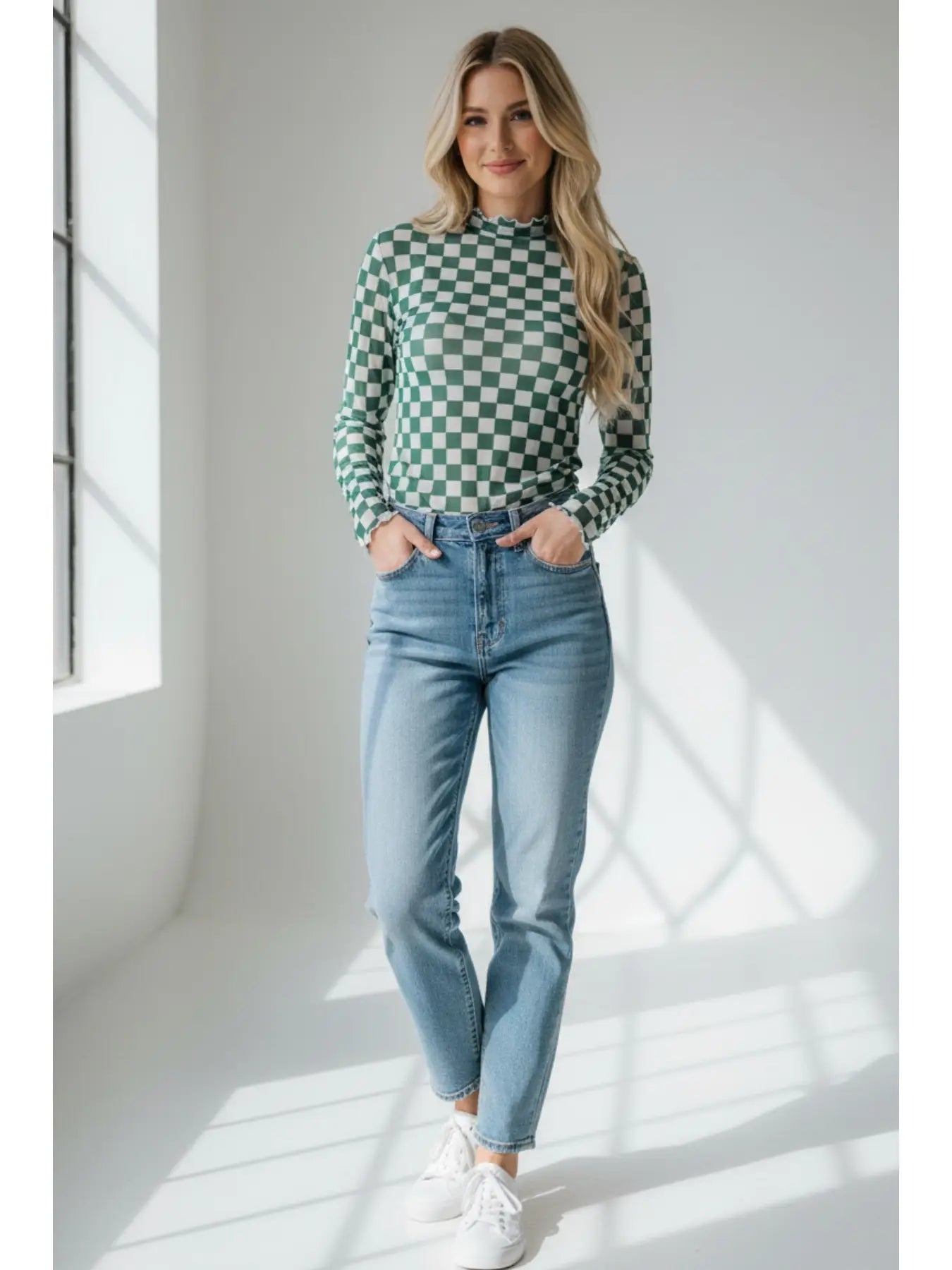 Lilian Green Checkered Mesh Mock Neck Top | Long Sleeve - Juli's Wearable Art