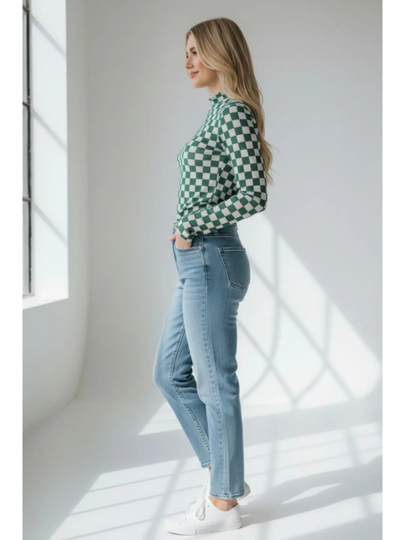 Lilian Green Checkered Mesh Mock Neck Top | Long Sleeve - Juli's Wearable Art